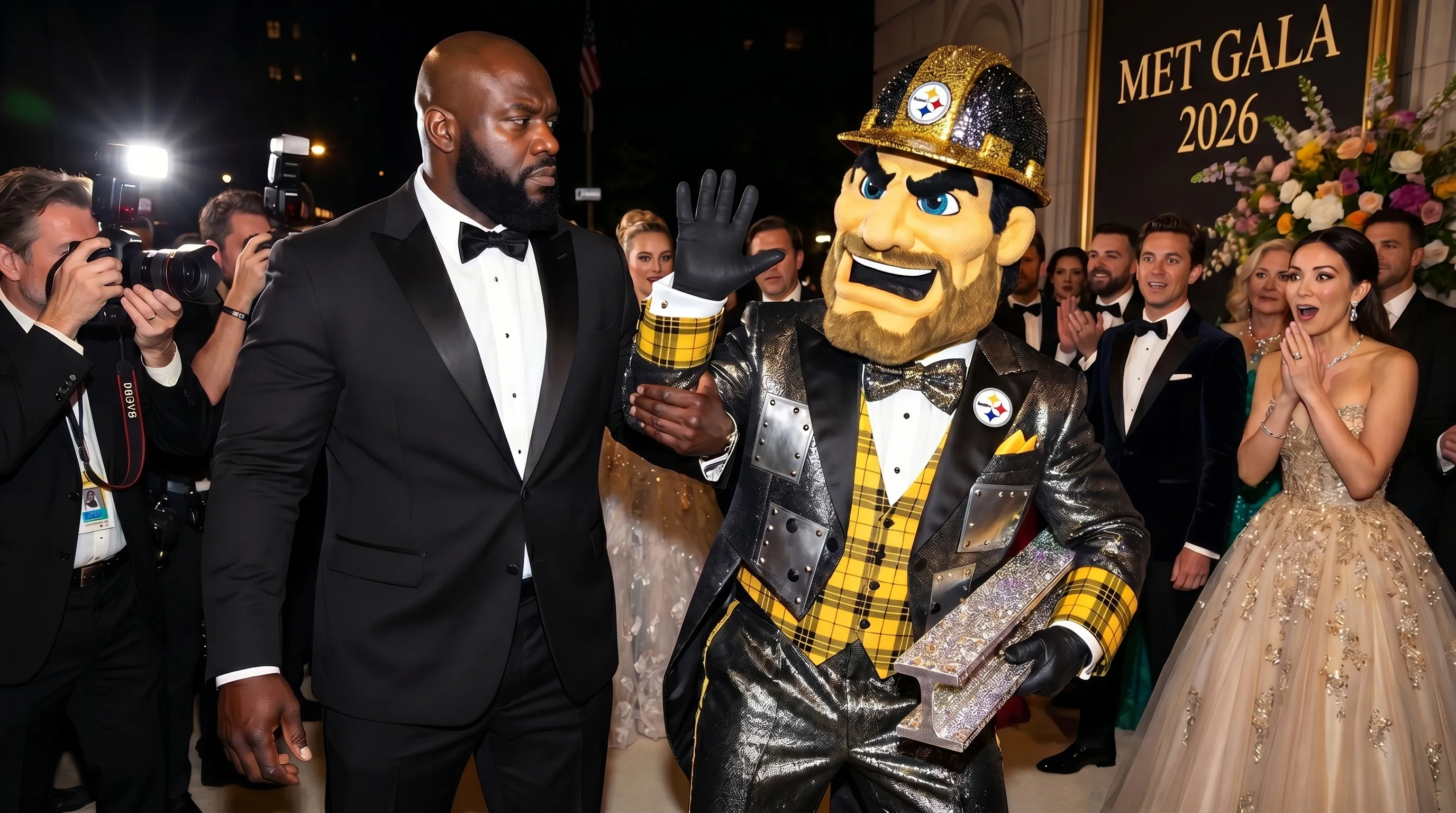 Steely McBeam being escorted from the Met Gala
